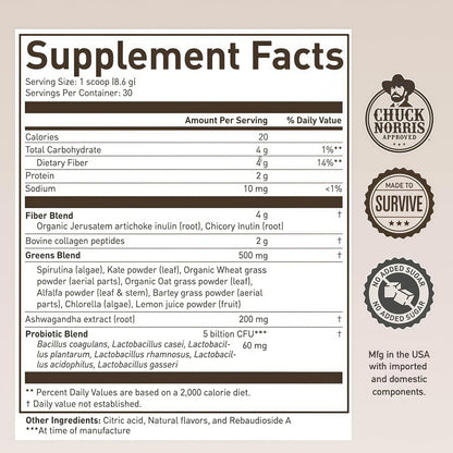 ROUNDHOUSE PROVISION Morning Kick Greens, Strawberry Lemonade, 30 Servings Greens Superfood Powder for Gut Health, Sugar Free, Caffeine Free, Ashwagandha, Collagen Peptides, Probiotics, Chuck Norris
